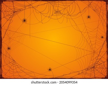 Halloween orange background with spider webs. Holiday Halloween Card with grunge border from cobwebs. Illustration can be used for children's holiday design, decorations, cards, banners