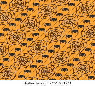 Halloween Orange Background with Spiders and Webs