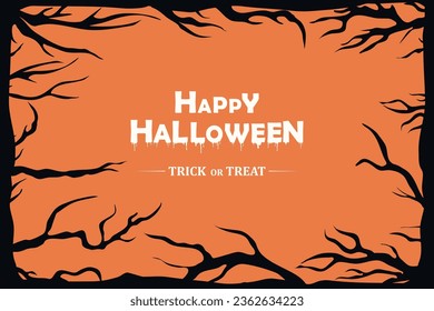 Halloween with an orange background surrounded by scary trees. Design to use a Happy Halloween banner or party invitation background. Scary Halloween concept. Vector illustration