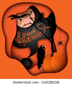 Halloween orange banner with paper decoration halloween elements. Vector Illustration