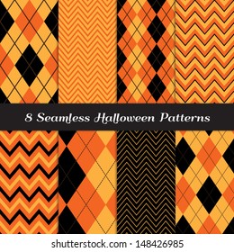 Halloween Orange, Black and Brown Argyle and Chevron Patterns. Perfect as Halloween or Thanksgiving Background. Pattern Swatches made with Global Colors.