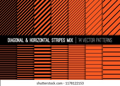 
Halloween Orange und Black Diagonal und Horizontal Streifen Vektormuster. Moderne gestreifte Hintergründe. Set aus Pin Stripes und Candy Stripes. Variabel dicken Linien. Einschließlich Muster-Tile-Armbanduhren.