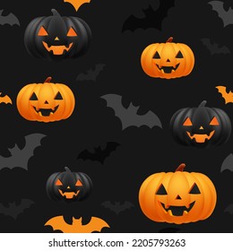 Halloween orange and black festive seamless pattern. Endless background with pumpkins, jack o lantern funny smiling face, bats. Cartoon texture for print. Template design for scrapbooking. Decoration