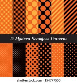 Halloween Orange and Black Jumbo Polka Dot, Gingham and Stripes Seamless Patterns. Perfect as Halloween or Thanksgiving Background. Pattern Swatches made with Global Colors.