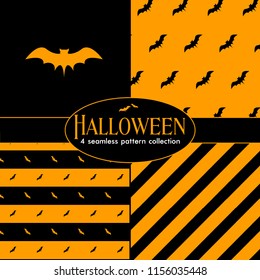 Halloween orange and black seamless pattern with bats collection of 4. Vector illustration eps 10 set.