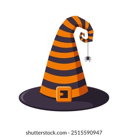 Halloween orange and black striped hat with spider on web, isolated on white background. Flat vector illustration