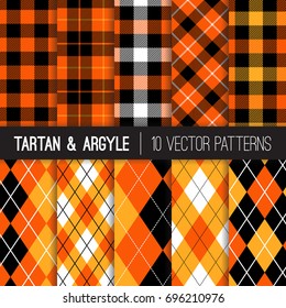 Halloween Orange, Black And White Argyle, Tartan And Gingham Plaid Vector Patterns. Traditional Golf Style Sport Fashion Prints. Vector Pattern Tile Swatches Included.