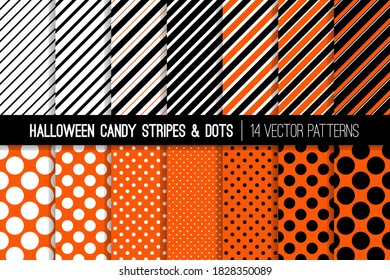 Halloween Orange, Black and White Candy Stripes und Polka Dots Vektormuster. Fett geometrische Hintergründe. Wiederholen von Mustern inbegriffen.