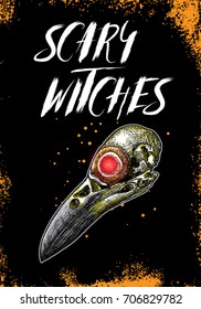 Halloween orange border frame on black background card with sparkles and bird skull. Vector illustration. Witchery spell concept. 