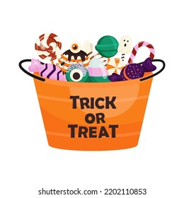 Halloween orange bucket full of sweets, candies. Trick or Treat basket for holiday. Vector illustration in flat style