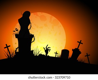 Halloween orange card with statue in the old cemetery. Vector illustration