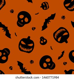 Halloween orange festive seamless pattern. Endless background with black pumpkins, skulls, bats