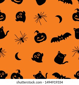 Halloween orange festive seamless pattern. with pumpkin, bat , witch hat, cat, ghost and spider