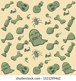 Halloween orange festive seamless pattern. Endless background with pumpkins, skulls, bats, spiders, ghosts, bones, candies, spider web and speech bubble with boo
