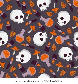 Halloween orange festive seamless pattern. Endless background with pumpkins, skulls, bats, spiders, ghosts, bones, candies, spider web and speech bubble with boo