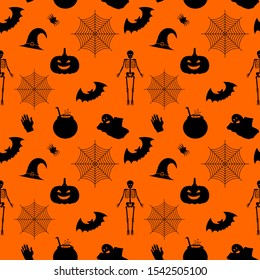 Halloween orange festive seamless pattern vector. Endless background with pumpkins, skulls, bats, spiders, ghosts, bones, witch hat, spider web, zombie hand, poison