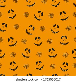 Halloween orange festive seamless pattern. Endless background with Scary Face Silhouettes in the Dark and spider webs over orange background. Spooky Background or banner Halloween template.Vector illu