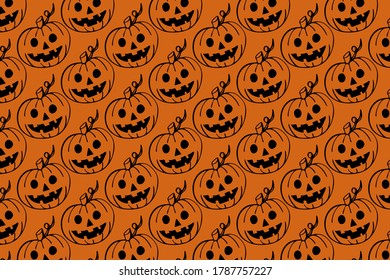 Halloween orange festive seamless pattern. Endless background with doodle pumpkins.