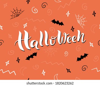 Patrón impecable de la celebración de Halloween naranja. Fondo interminable con halloween vectorial, murciélagos, telaraña, luna, estrella.