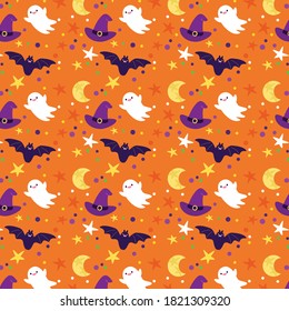 Halloween orange festive seamless pattern. Endless background with pumpkins, skulls, bats, spiders, ghosts, bones, candies, spider web and speech bubble with boo