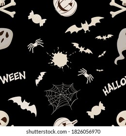 Halloween orange festive seamless pattern. Endless background with pumpkins, skulls, bats, spiders, ghosts, bones, candy, cobwebs. Vector illustration