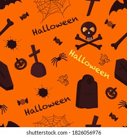 Patrón impecable de la celebración de Halloween naranja. Fondo infinito con calabazas, calaveras, murciélagos, arañas, fantasmas, huesos, caramelos, telarañas. Ilustración del vector