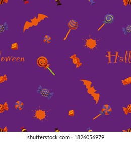 Halloween orange festive seamless pattern. Endless background with pumpkins, skulls, bats, spiders, ghosts, bones, candy, cobwebs. Vector illustration