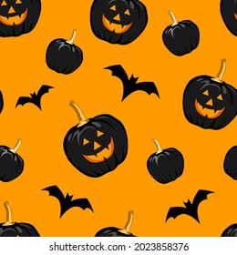 Patrón impecable de la celebración de Halloween naranja. Fondo infinito con calabazas, murciélagos.