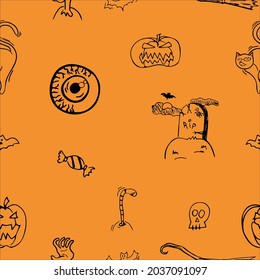 Halloween orange festive seamless pattern. Endless background with pumpkins, cat, grave, witch's broom, candy, dead hand, eye, skull.