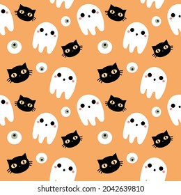 Halloween orange festive seamless pattern. Endless background with pumpkins, skulls, ghosts, bones, candies, spider web ,eye,autum and fall theme for paper,wrapping,carpet,wallpaper,fabric art work