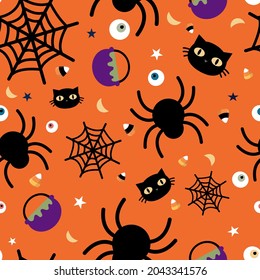 Halloween orange festive seamless pattern. Endless background with pumpkins, skulls, ghosts, bones, candies, spider web ,eye,autum and fall theme for paper,wrapping,carpet,wallpaper,fabric art work