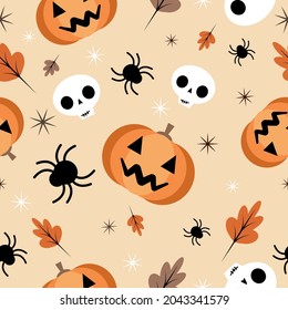 Halloween orange festive seamless pattern. Endless background with pumpkins, skulls, ghosts, bones, candies, spider web ,eye,autum and fall theme for paper,wrapping,carpet,wallpaper,fabric art work