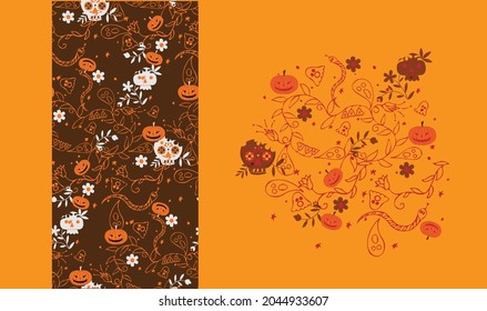 Halloween orange festive seamless pattern. Endless background with pumpkins, skulls,  ghosts.