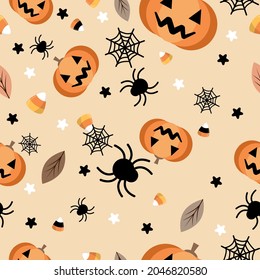 Halloween orange festive seamless pattern. Endless background with pumpkins, skulls, ghosts, bones, candies, spider web ,eye,autum and fall theme for paper,wrapping,carpet,wallpaper,fabric art work