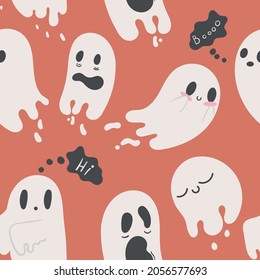 Halloween orange festive seamless pattern. Ghost seamless pattern vector, spooky repeat wallpaper for wrapping paper or textile. Endless background with pumpkins, spiders, ghosts, candy, cobwebs.