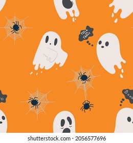 Halloween orange festive seamless pattern. Ghost seamless pattern vector, spooky repeat wallpaper for wrapping paper or textile. Endless background with pumpkins, spiders, ghosts, candy, cobwebs.