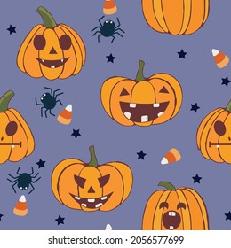 Halloween orange festive seamless pattern. Ghost seamless pattern vector, spooky repeat wallpaper for wrapping paper or textile. Endless background with pumpkins, spiders, ghosts, candy, cobwebs.