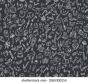 Halloween orange festive seamless pattern. Endless background with pumpkins, skulls, bats, spiders, ghosts, bones, candies, spider web and speech bubble with boo