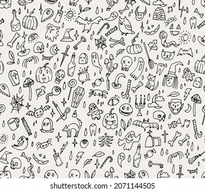 Halloween orange festive seamless pattern. Endless background with pumpkins, skulls, bats, spiders, ghosts, bones, candies, spider web and speech bubble with boo
