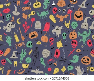 Halloween orange festive seamless pattern. Endless background with pumpkins, skulls, bats, spiders, ghosts, bones, candies, spider web and speech bubble with boo