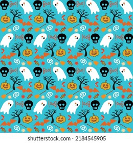 Halloween orange festive seamless pattern. Endless background with pumpkins, skulls, bats, spiders, ghosts, bones, candies, spider web and speech bubble with boo