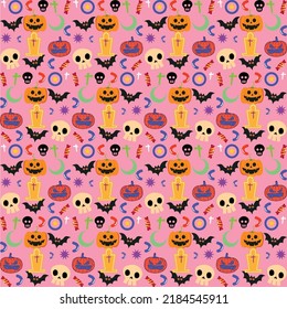 Halloween orange festive seamless pattern. Endless background with pumpkins, skulls, bats, spiders, ghosts, bones, candies, spider web and speech bubble with boo