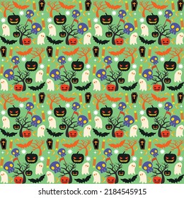 Halloween orange festive seamless pattern. Endless background with pumpkins, skulls, bats, spiders, ghosts, bones, candies, spider web and speech bubble with boo