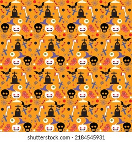 Halloween orange festive seamless pattern. Endless background with pumpkins, skulls, bats, spiders, ghosts, bones, candies, spider web and speech bubble with boo