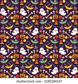 Halloween orange festive seamless pattern. Endless background with pumpkins, skulls, bats, spiders, ghosts, bones, candies, spider web and speech bubble with boo