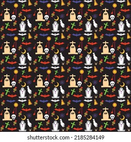 Halloween orange festive seamless pattern. Endless background with pumpkins, skulls, bats, spiders, ghosts, bones, candies, spider web and speech bubble with boo