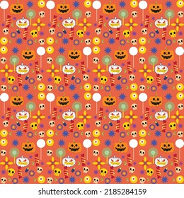 Halloween orange festive seamless pattern. Endless background with pumpkins, skulls, bats, spiders, ghosts, bones, candies, spider web and speech bubble with boo