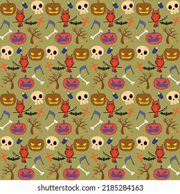 Halloween orange festliches, nahtloses Muster. Endloser Hintergrund mit Kürbis, Schädeln, Fledermäusen, Spinnen, Geistern, Knochen, Bonbons, Spinnennetze und Sprachblase mit Boo