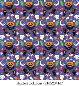 Halloween orange festive seamless pattern. Endless background with pumpkins, skulls, bats, spiders, ghosts, bones, candies, spider web and speech bubble with boo