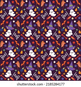 Halloween orange festive seamless pattern. Endless background with pumpkins, skulls, bats, spiders, ghosts, bones, candies, spider web and speech bubble with boo
